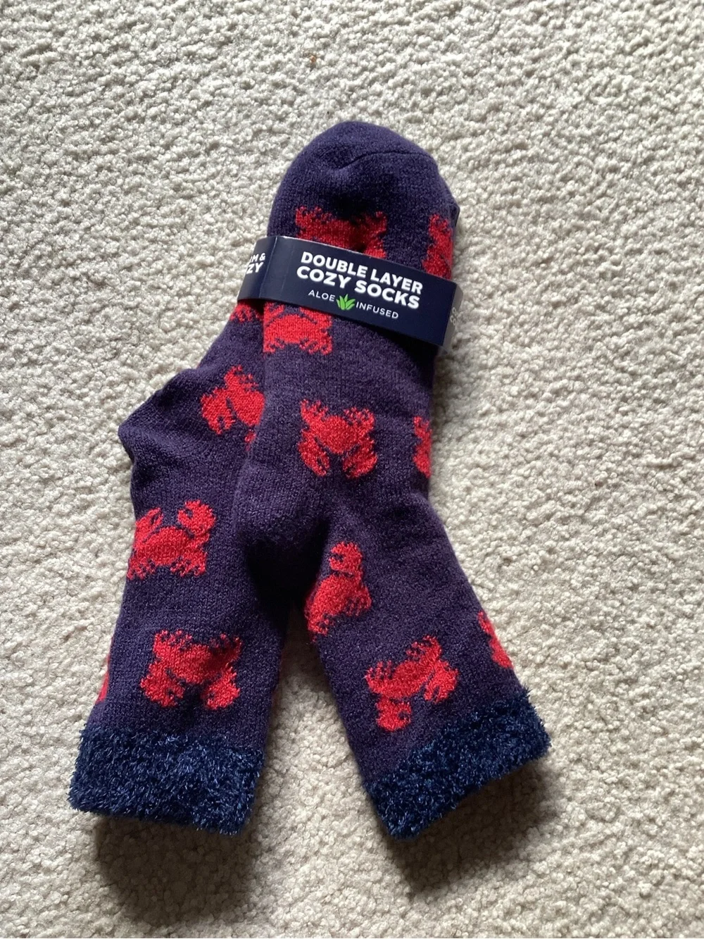 Double Layer Cozy Socks - Navy with Red Crabs Pattern